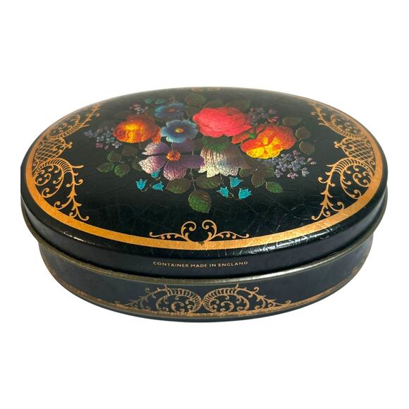 Vintage Black and Gold Floral Made in England Metal Tin Vanity Decor Storage - Picture 2 of 8